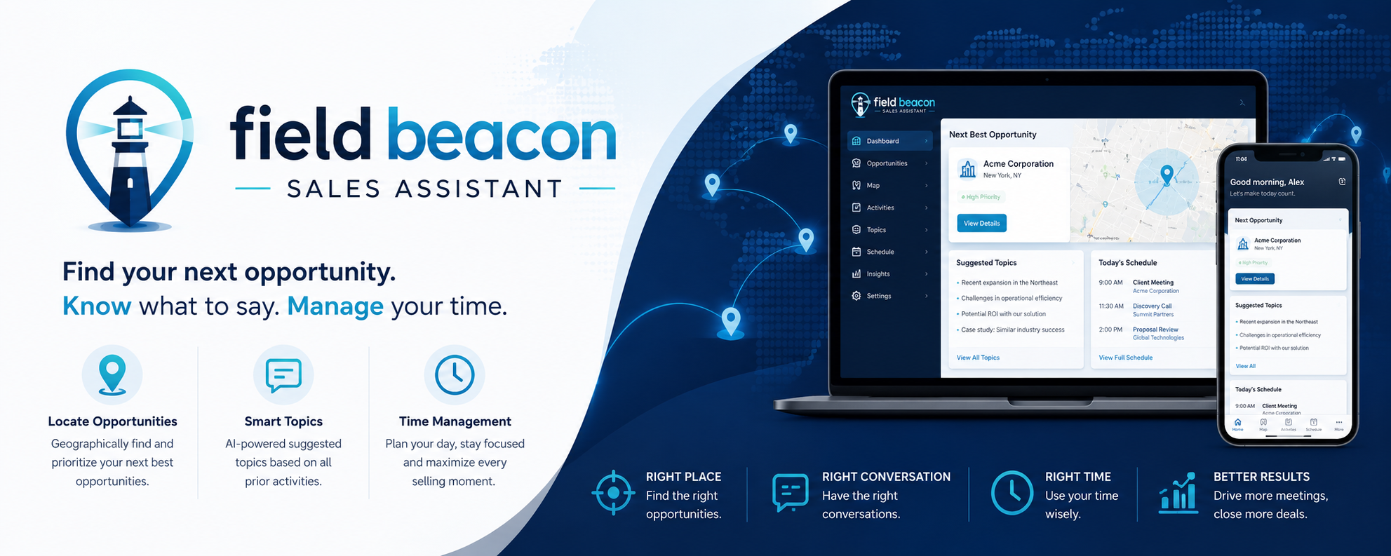 Field Beacon Sales Assistant showing dashboard on laptop and mobile devices